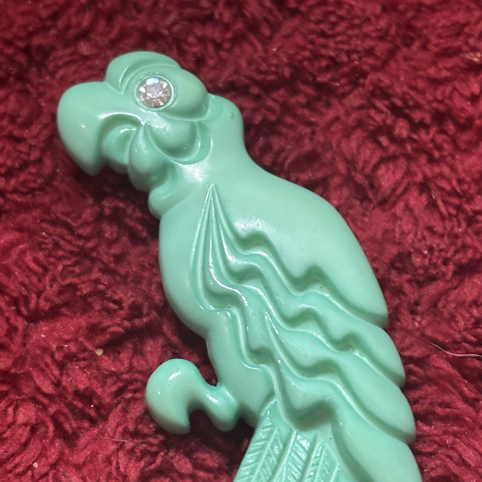 Parrot Bird Brooch Pin – Green Plastic – Rhinestone Eye West Germany – 1553 Rare