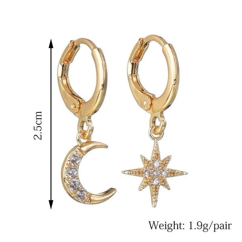 925 Sterling Silver Star Moon CZ Huggie Hoop Dangle Earrings Women Gift