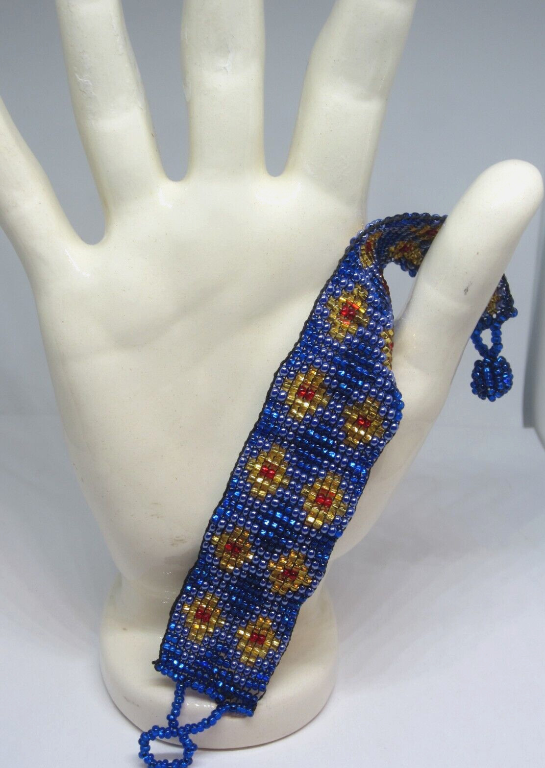 Woven Bracelet Boho Ethnic Glass Seed Bead Blue Gold Beaded Band Jewelry OOAK