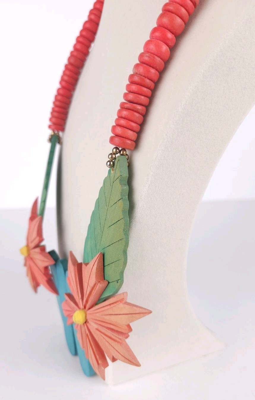 Colorful Dyed Wooden Flower Leaf Statement Beaded Necklace