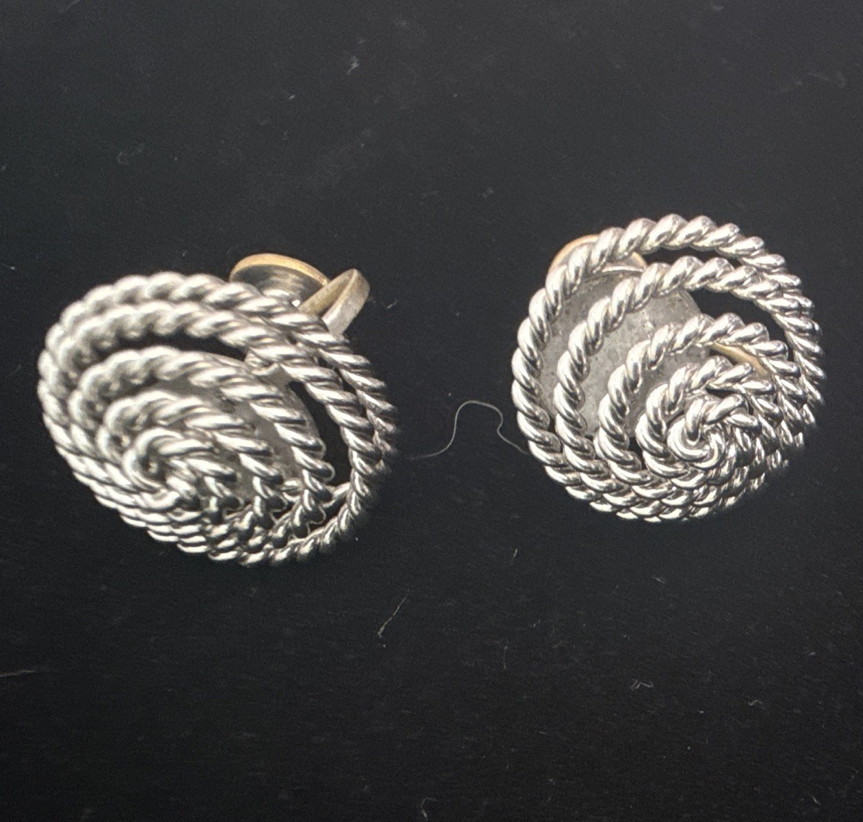 Vintage Silver-Tone Rope Twist Round Stud Earrings Metal No Stone Screw Back