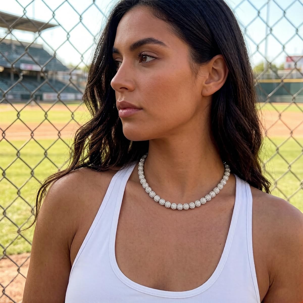 RIJXU Baseball Necklace 16in/19in/22in Bling Drip 16in, White