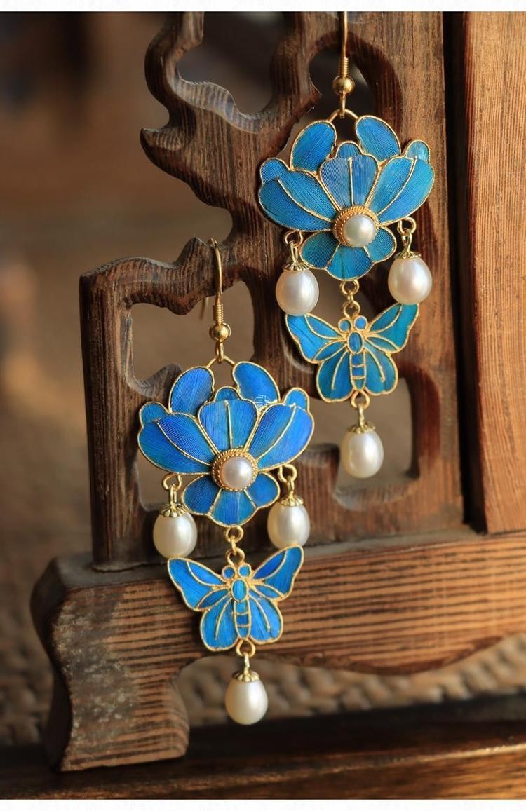 Cloisonne Drop Earrings Gold Plated Long Hook Hanfu Chinese Style Women