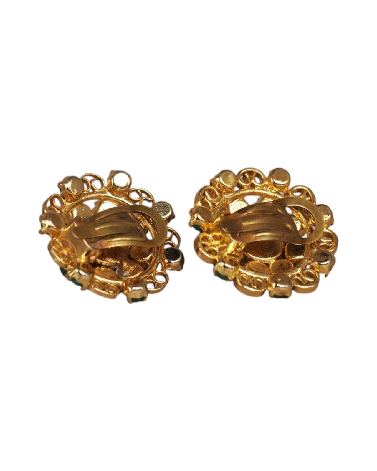 Mid-Century Gold-Tone Filigree Green Cabochon Clip-On Earrings