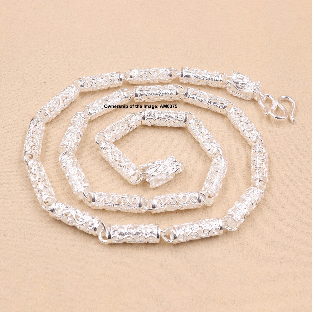 Real 999 Fine Silver Floral Tube Link Chain Necklace 6mm Width Filigree Jewelry