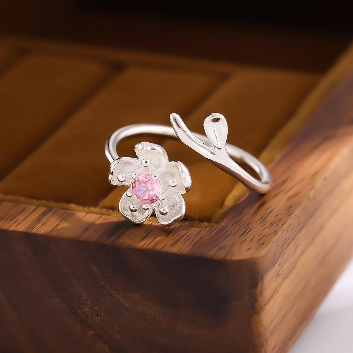 925 Sterling Silver Pink Crystal Flower Open Ring Elegant Adjustable Women Jew..