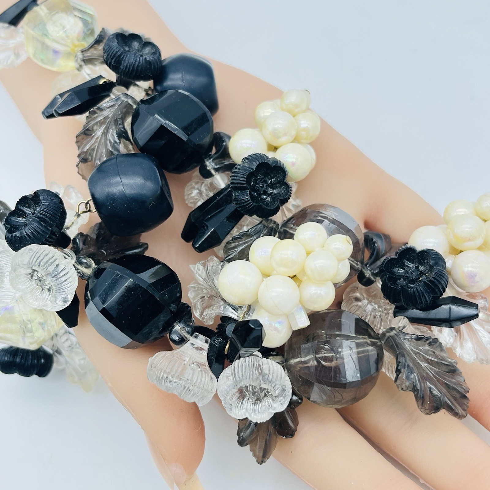 Chunky Black Cream Necklace Grape Cluster Leaf Lucite Floral Bib Statement