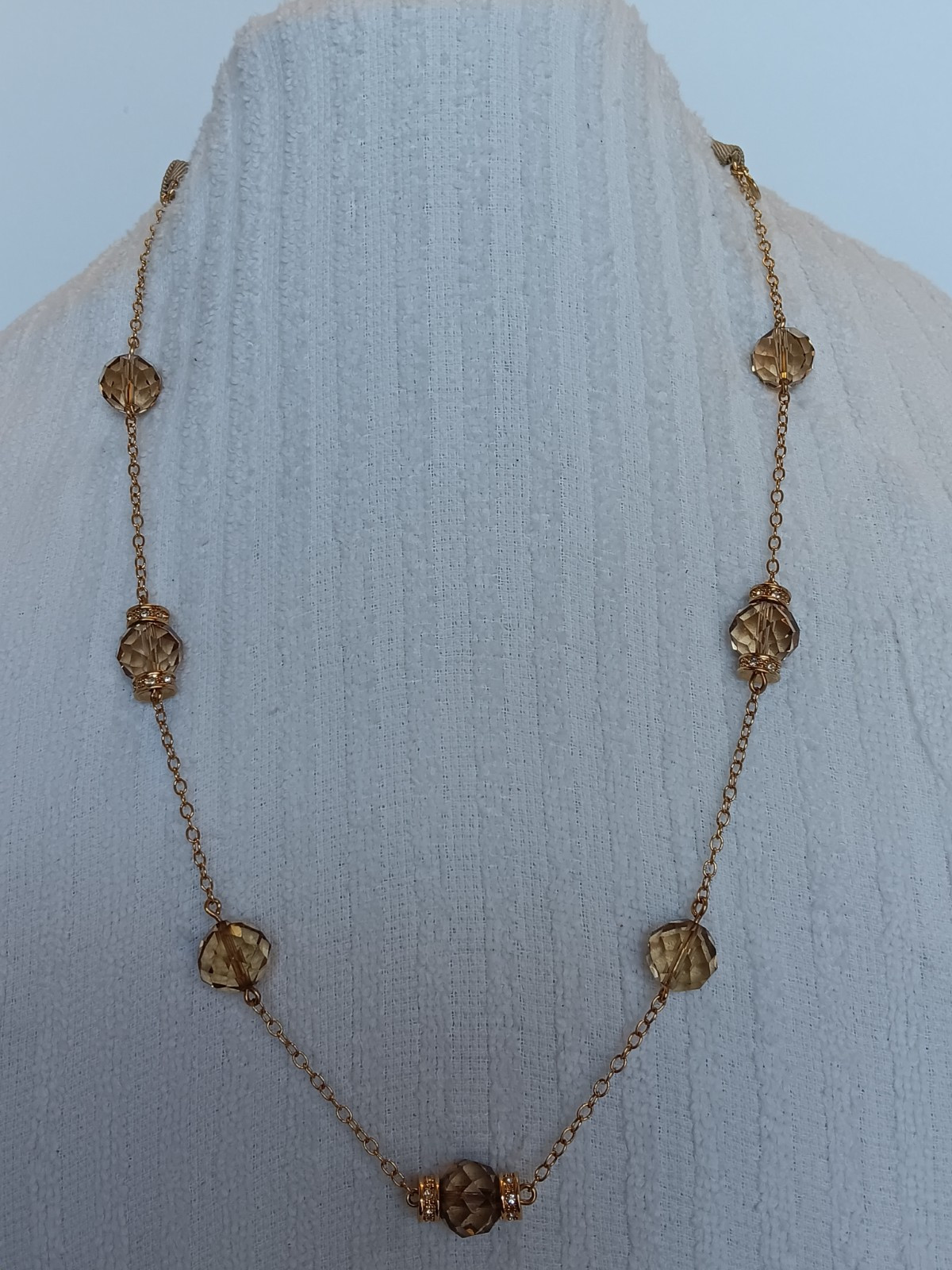 J Crew Goldtone Faceted Smoky Crystal Station Necklace Ribbon Closure 20-30 in