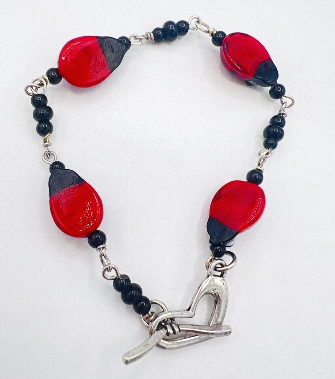 Glass Bead Red Black Ladybug Bracelet Heart Toggle Clasp 8.25 in