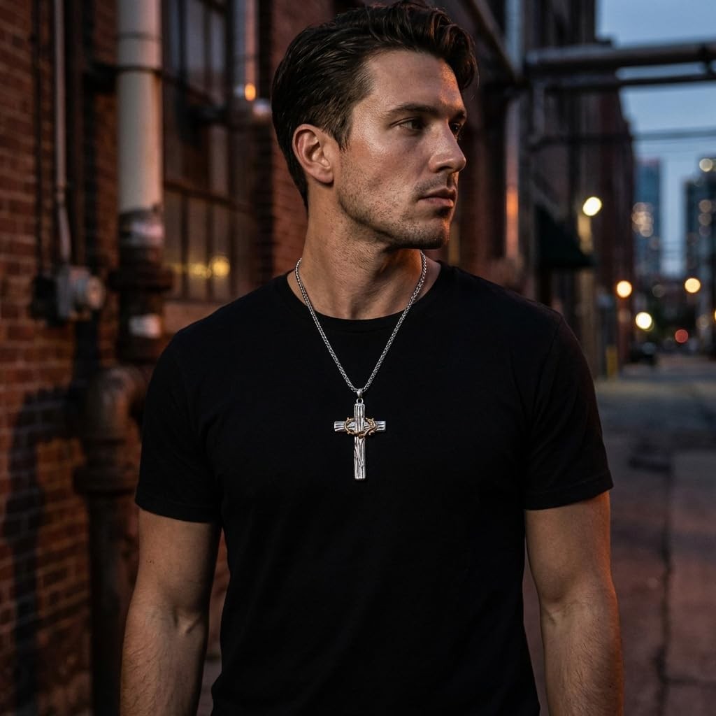 Crown of Thorns Cross Necklace, Silver Gold Stainless Steel Twisted Vine