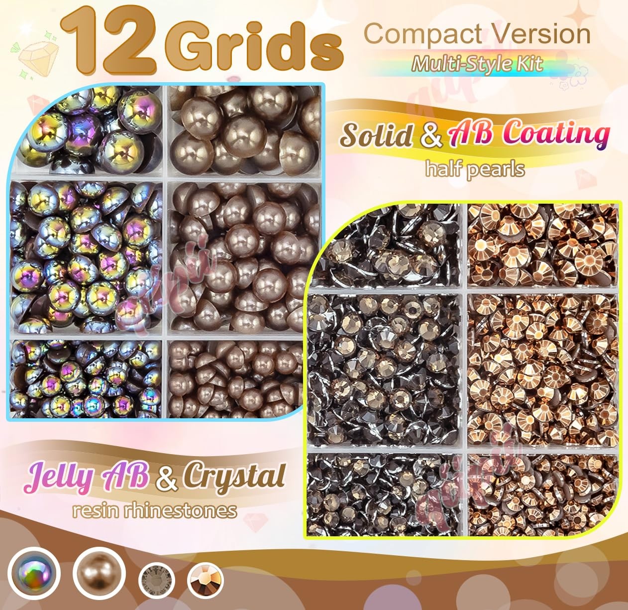 qiipii Dark Coffee Pearls Rhinestones 3-8mm