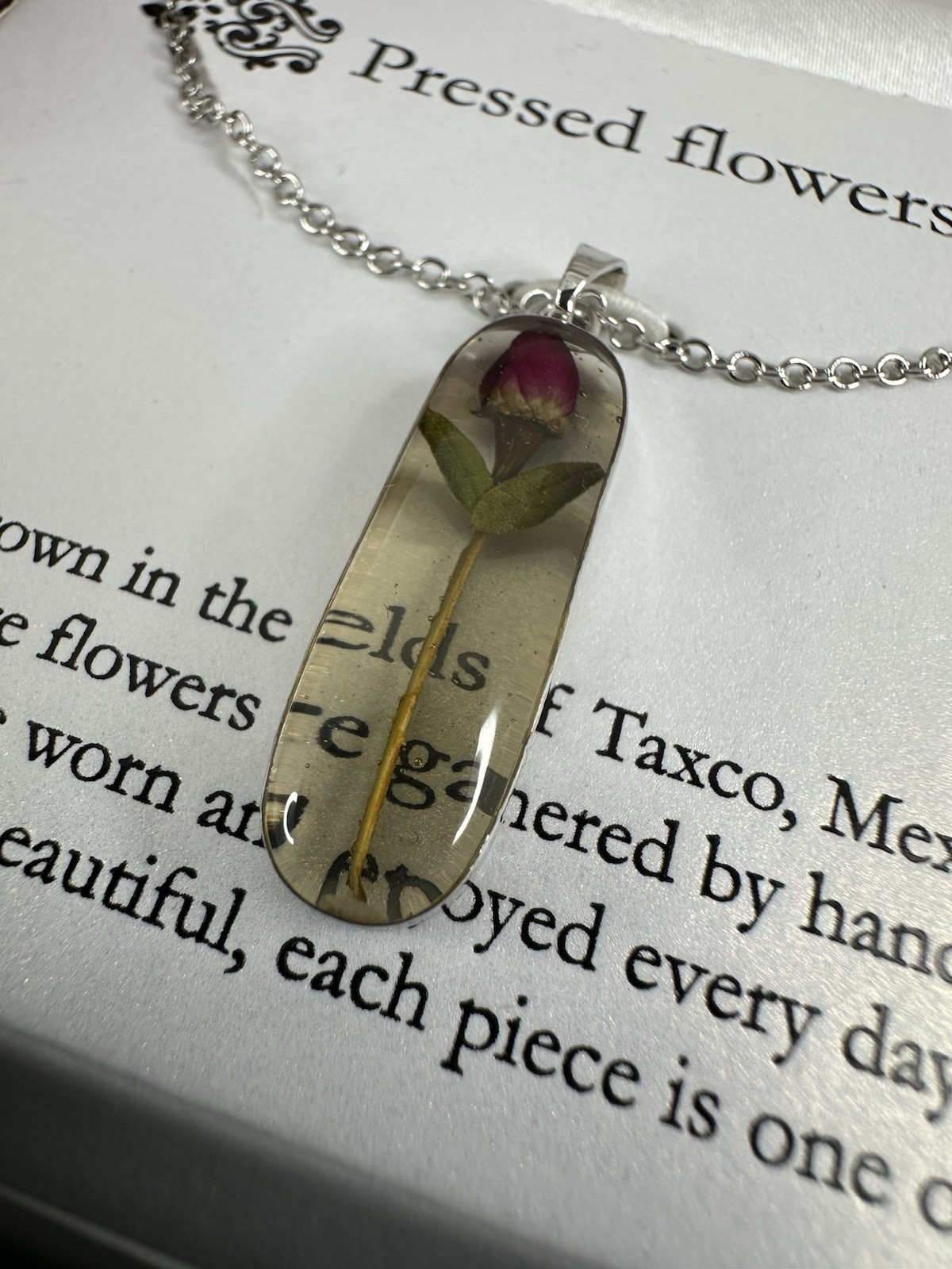 ATI Pressed Flower Necklace Silver Plated Pendant Mexico BBP2359 NEW w/ Package