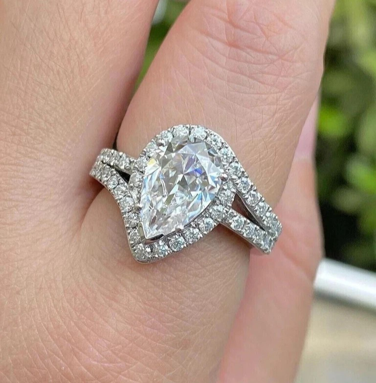 Halo Engagement Wedding Ring 2.60 Ct Pear Cut Lab Grown Diamond 14K White Gold