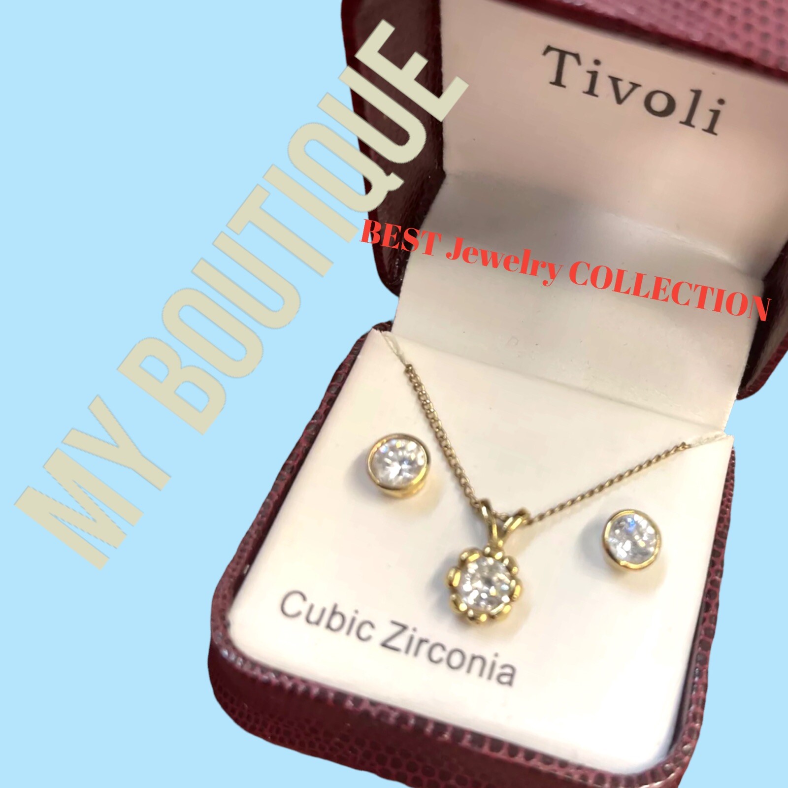 TIVOLI GOLDTONE CLEAR CUBIC ZIRCONIA HALO NECKLACE PENDANT & EARRINGS NEW