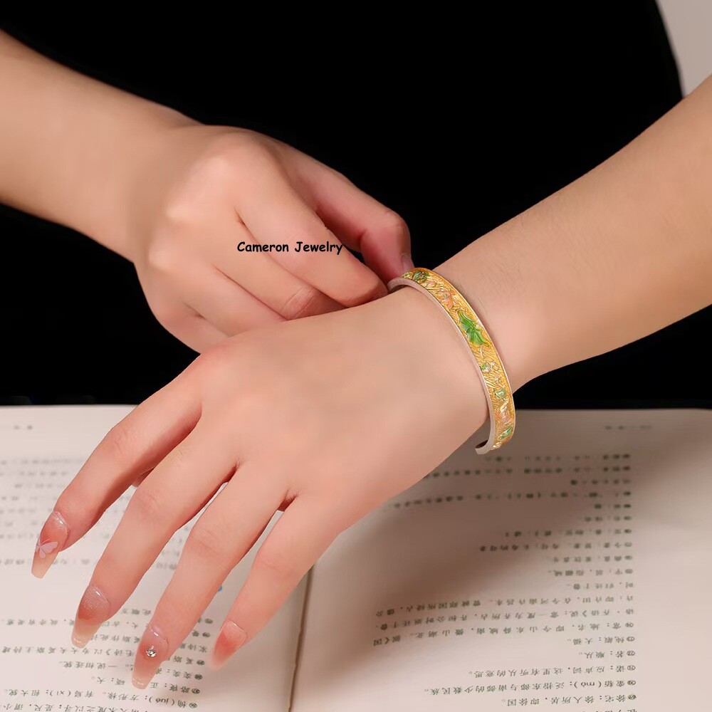 Solid S999 Fine Silver Bracelet 8mm Enamel lLotus Open Bangle 29-30g Dia:57mm
