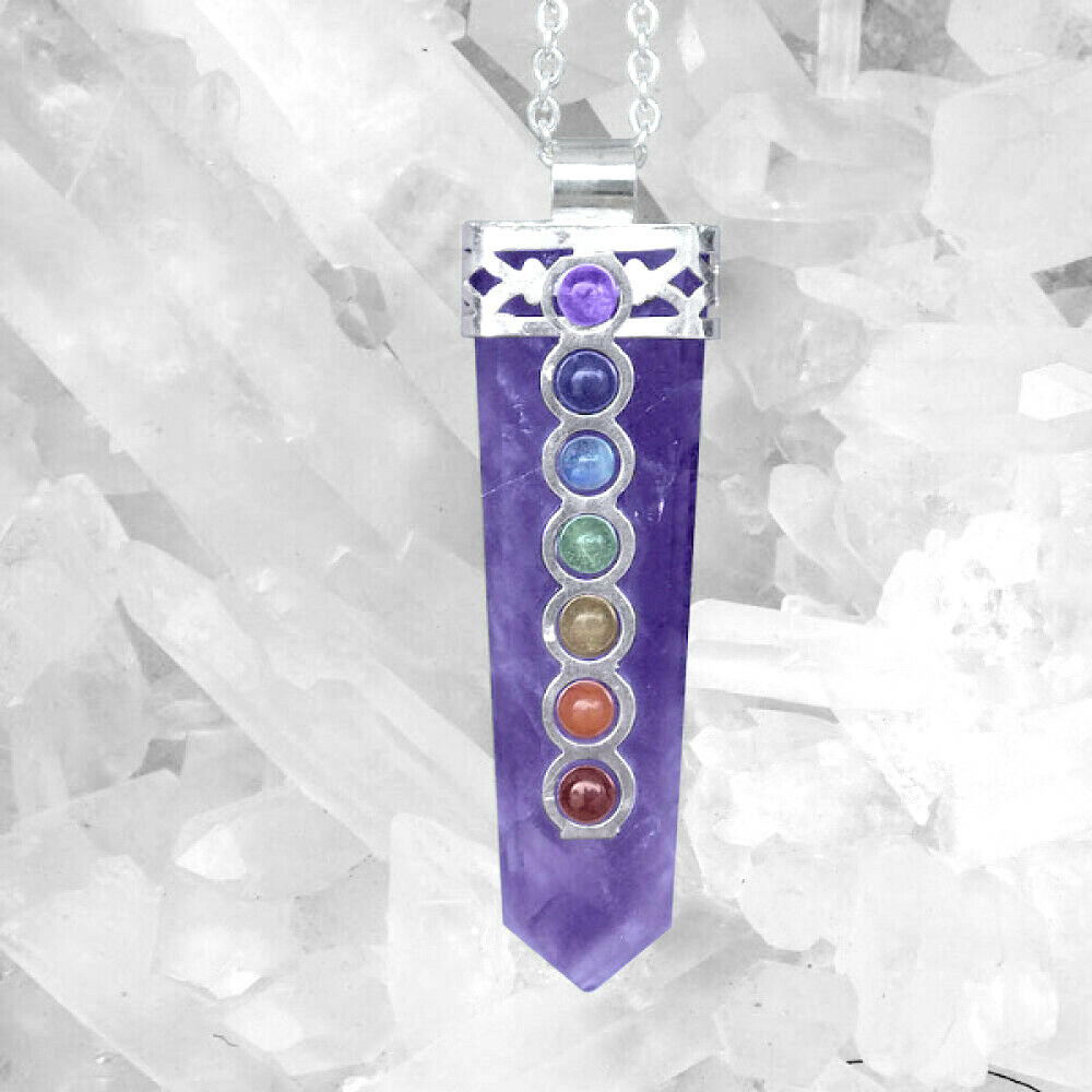 CHARGED Amethyst Crystal Point 7 Chakra Gemstone Silver Pendant & Necklace Reiki