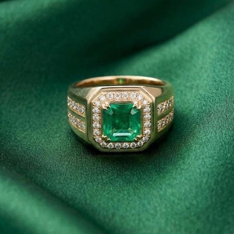 1.50CT Asscher Natural Emerald & Diamond Halo Ring For Wedding 14k Yellow Gold