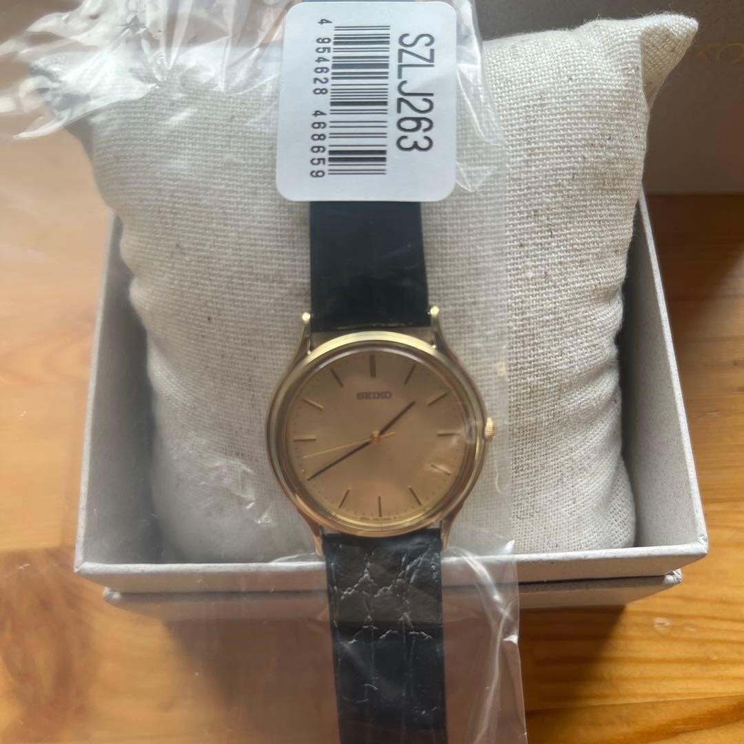 New SEIKO Quartz Gold Dial Leather Strap Watch Bar Index Box Warranty 3 Year