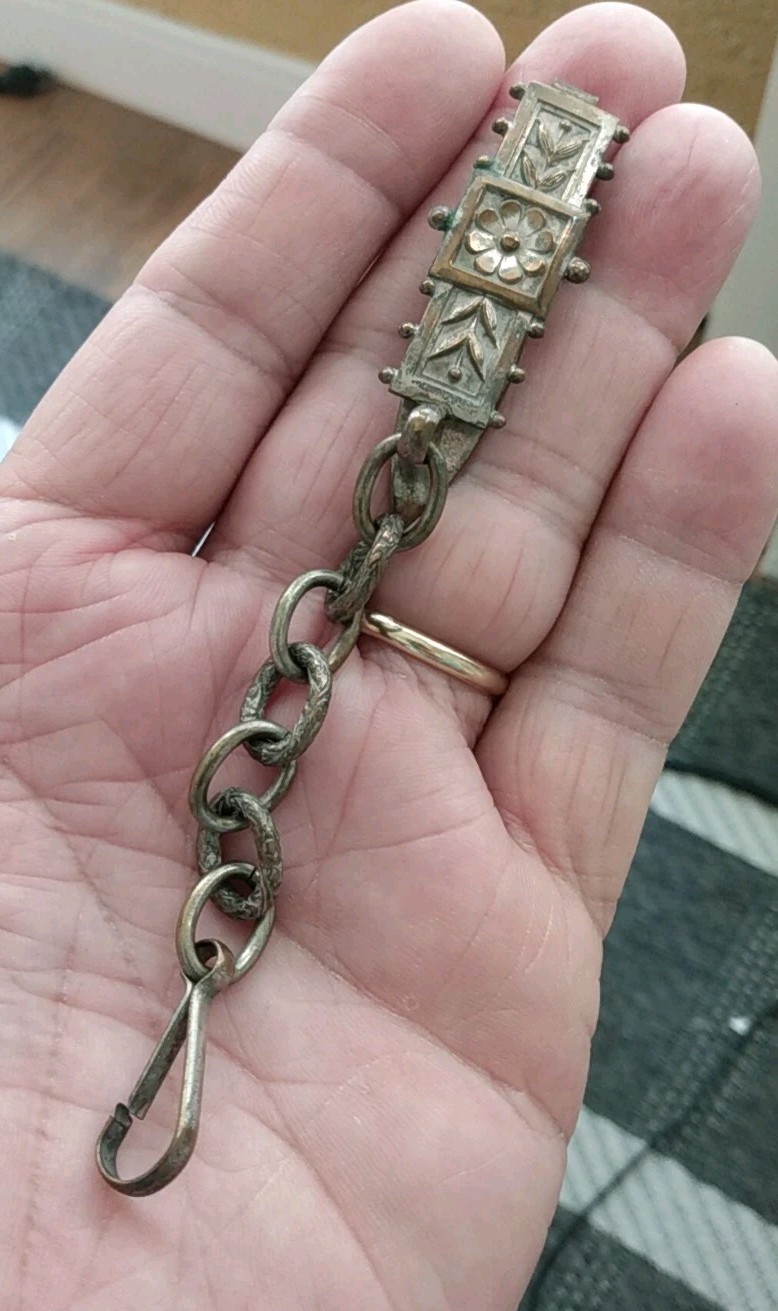 Antique Victorian Fancy Brass And Silver Wash Chatelaine Watch Chain Belt Clip