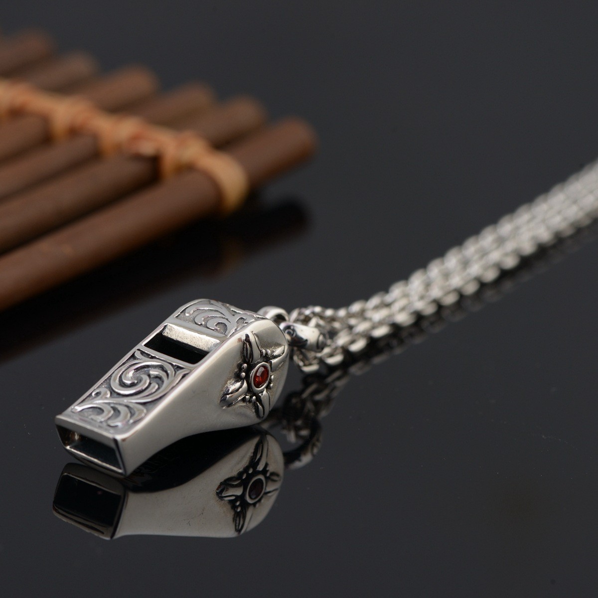 Gothic Cross Whistle Blowing Pendant, S925 Silver, Men’s Biker Survival Charm