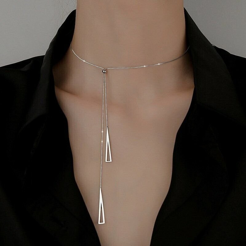 Silver Triangle Tassel Necklace Choker Clavicle Pendant Women Chain Jewelry