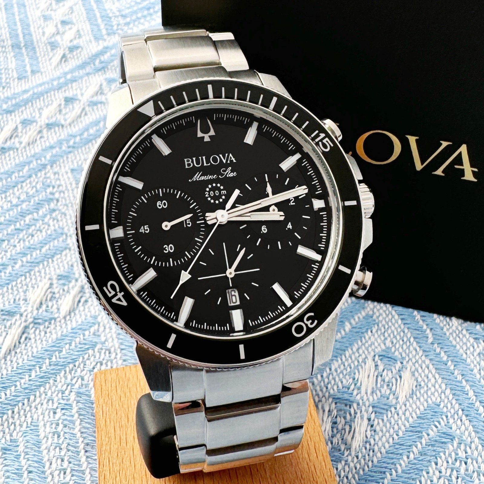 New Bulova Marine Star Chronograph SilverTone Men’s Watch Black Dial 45mm/96B272