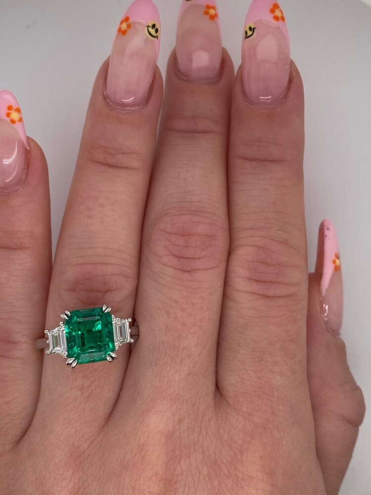 Green Emerald Ring Lab Created Diamond 3.60 Ct 950 Platinum Size 5 6 6.5 7 7.5 8