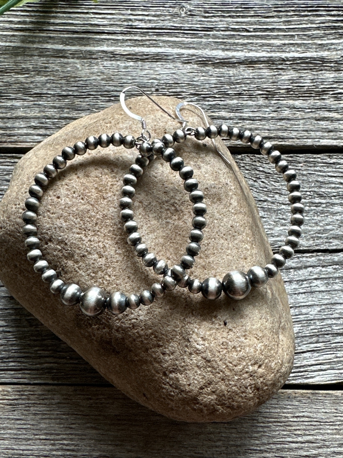 Sterling Silver Oxidized Pearls Bead Hoop Earrings. 2.6 Inch