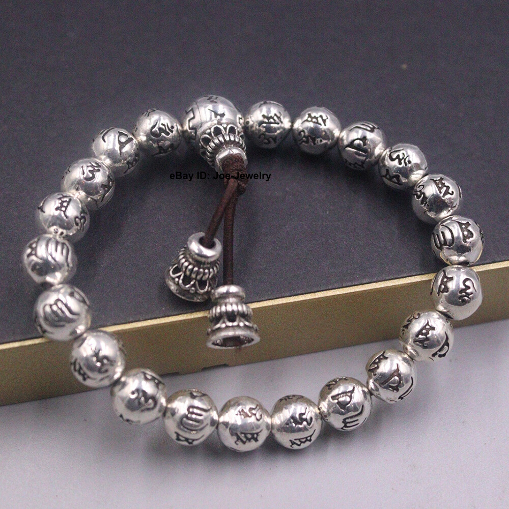 Real 999 Fine Silver Bracelet 8mm Sutra Bead Bracelet Fit Wrist 6.3inch