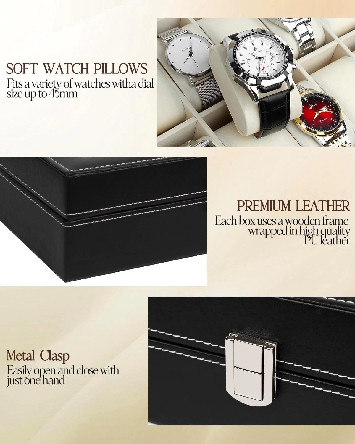 Mens Watch Box Display Case Storage Organiser PU Leather Holder Glass Top Gift