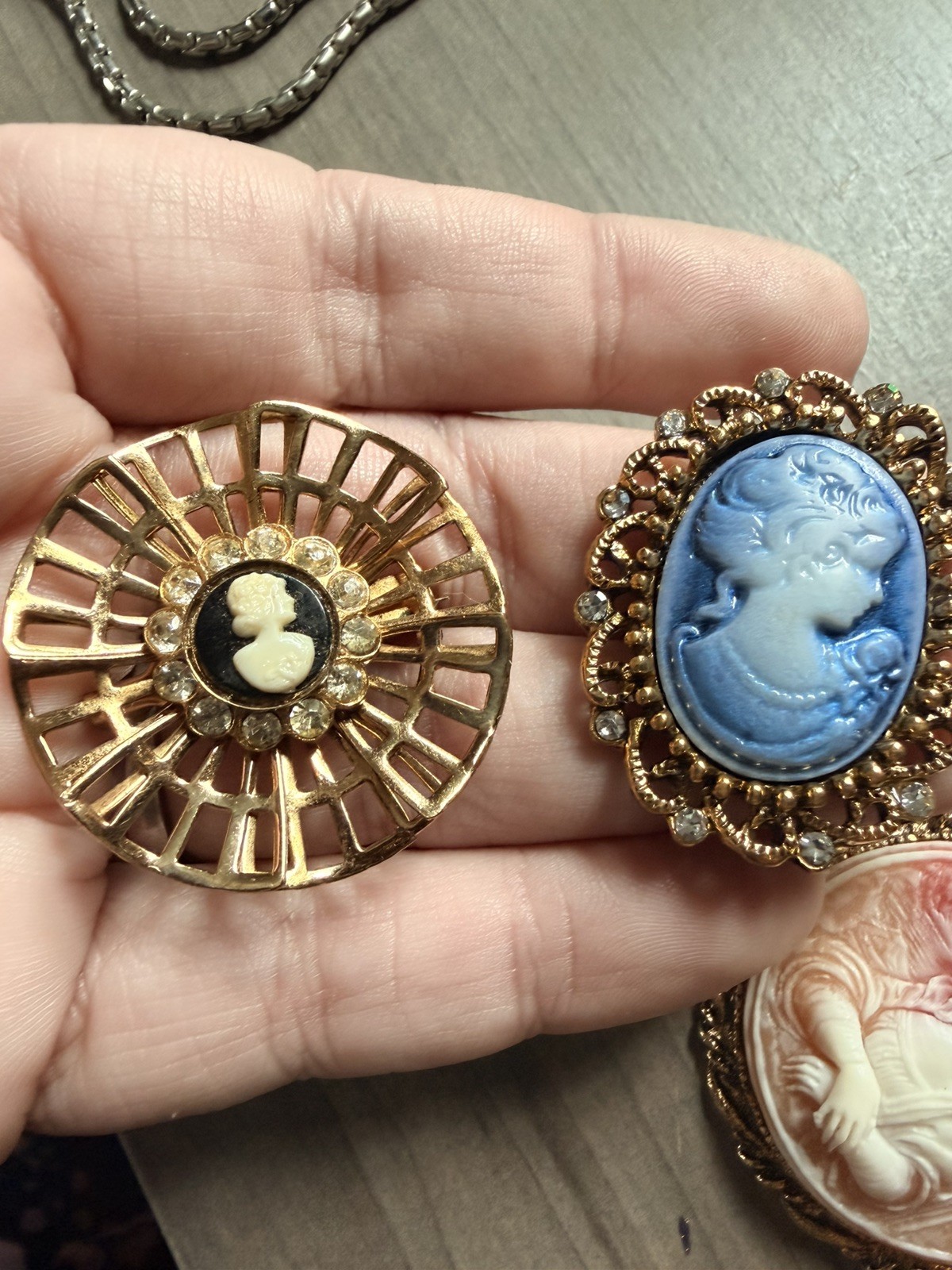 Vintage Cameo Brooch Lot of 3, Coro Victorian Mona Lisa