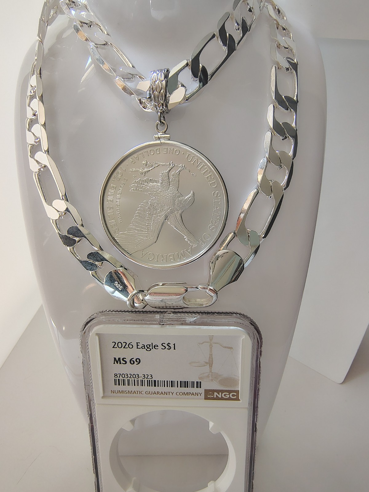 Silver Plated Necklace With Coin 2026 MS 69 Silver American Eagle 1 Oz (26″/12mm