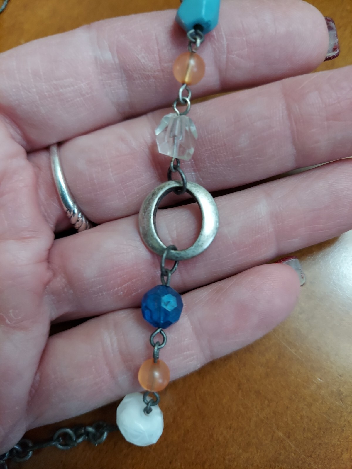 Chico’s Necklace Blue, White, Peach and Clear Beads With Colorful Round Pendant