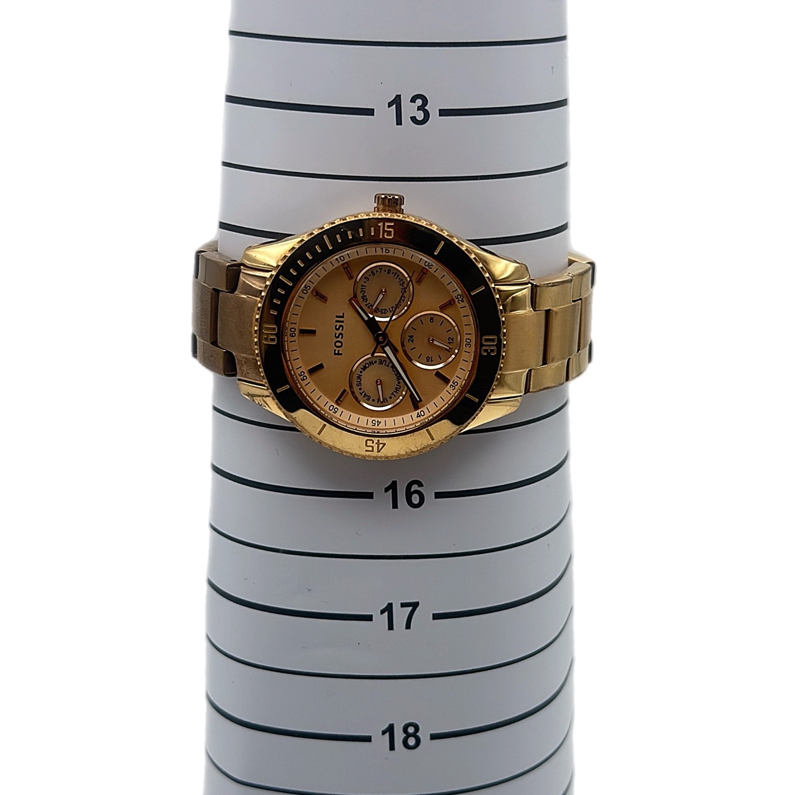 Fossil ES2859 Gold Tone Quartz Multifunction Watch Black Bezel Day Date 38mm5ATM