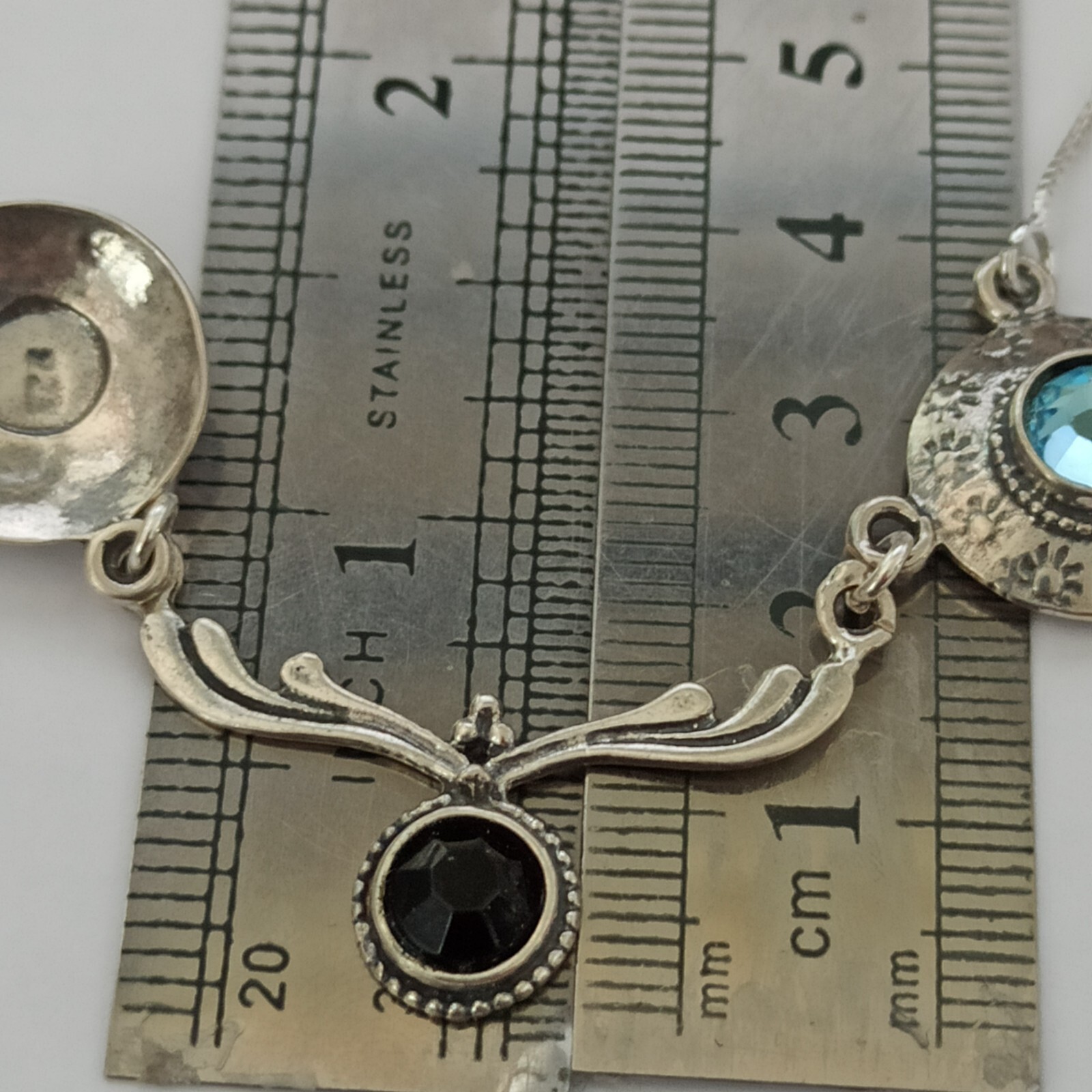 Vintage Silver Necklace Ligh Blue Black Bib Art Deco Sterling 925 Artisan Unique
