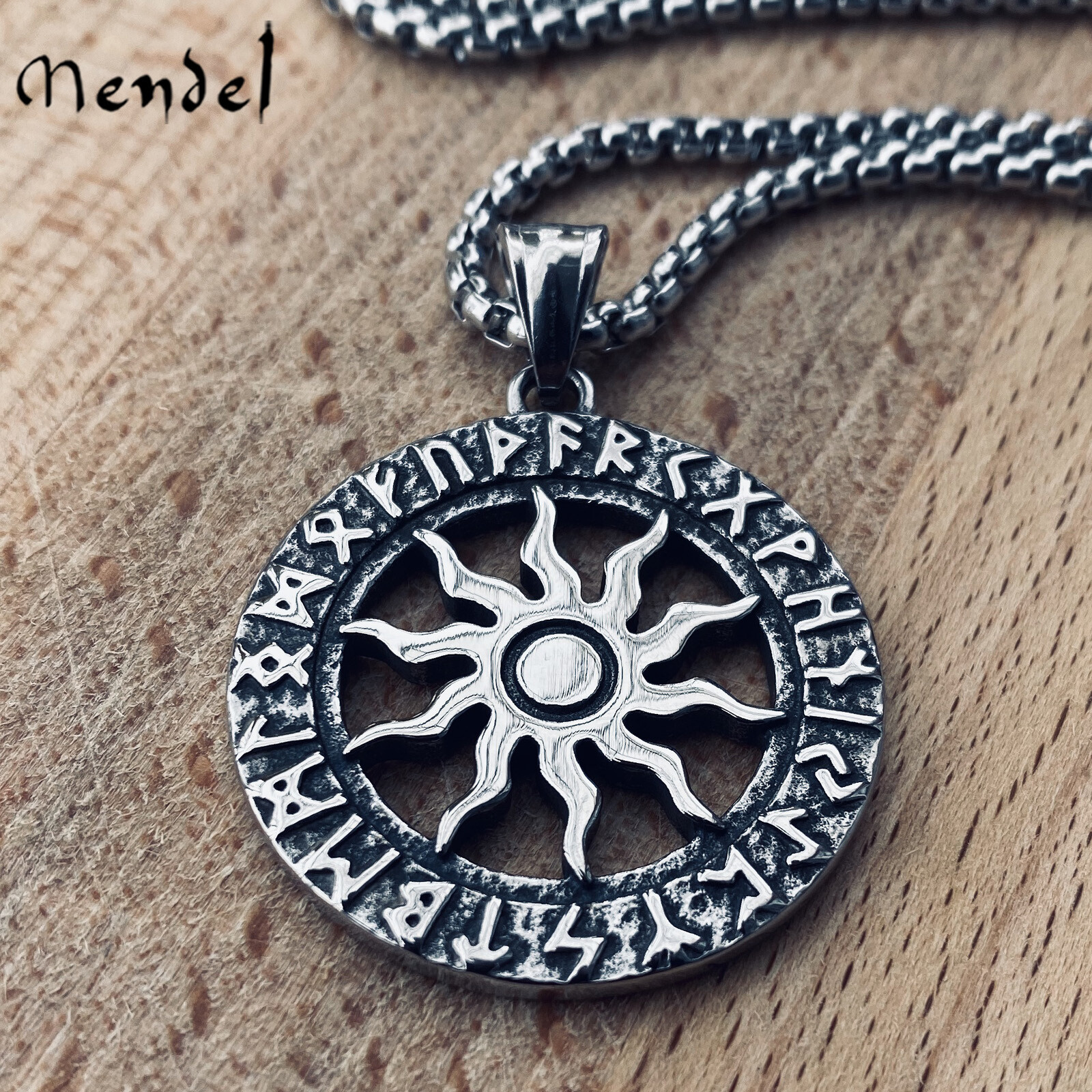 MENDEL Stainless Steel Norse Viking Rune Sun Protection Pendant Necklace Silver