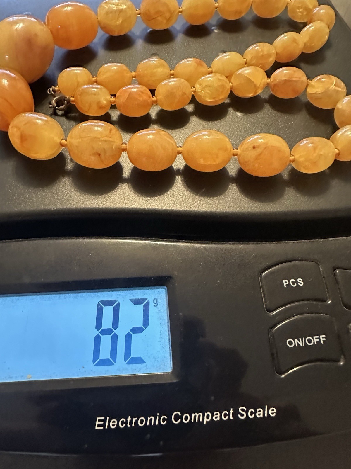 Antique Egg Yolk Translucent Lucite Beaded Necklace • 24” Graduated • 82g Estate