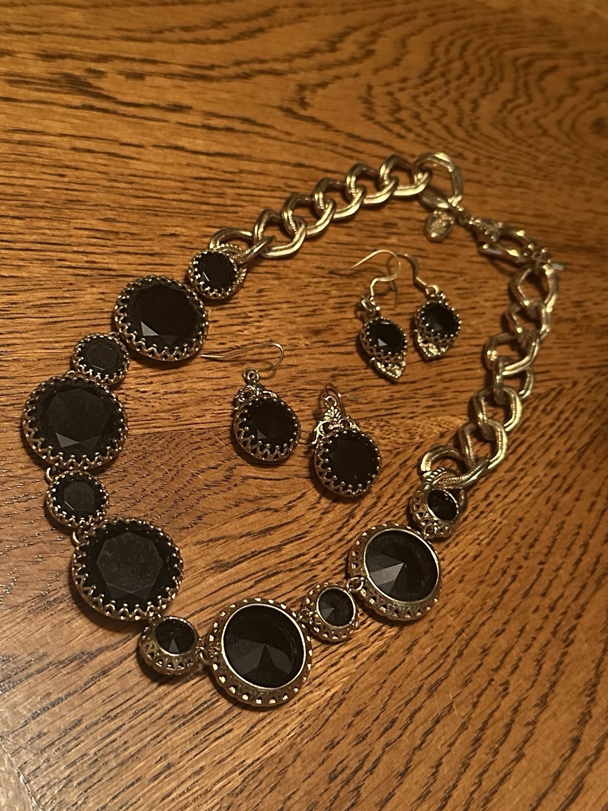 Vintage Premier Designs Gold Tone Jet Black Glass Beaded Necklace & Earrings Set