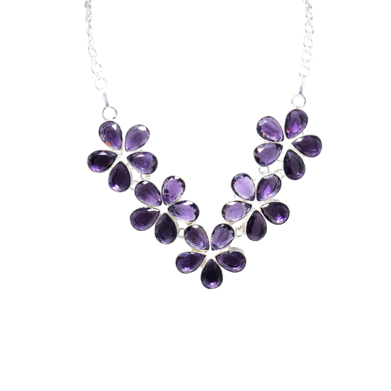 925 Sterling Silver Purple Amethyst Gemstone Handmade Jewelry Necklace Size-18