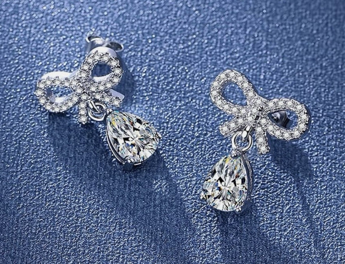 Bow Stud Dangle Drop Earrings Silver Tone Metal Clear Teardrop Crystal