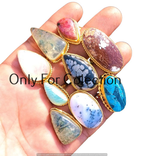 White Dendrite Opal & Mix Gemstone 18k Gold Plated Rings Lot Antique Jewelry