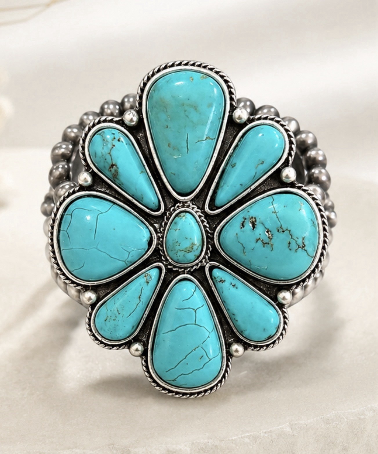Western Turquoise Flower Stretch Bracelet, Navajo Style Beaded Stretch