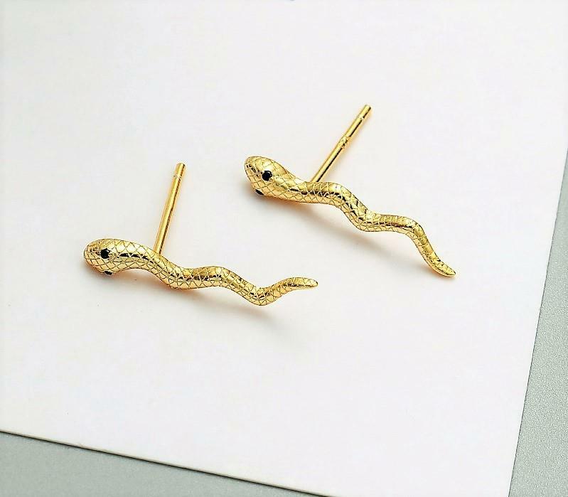 Gold or Silver 925 Sterling Silver Small Snake Stud Earrings Black CZ Eyes Chic