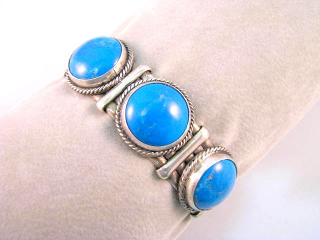 Solid Sterling Silver 900 Bangle With Larimar Bracelet Circa 1950