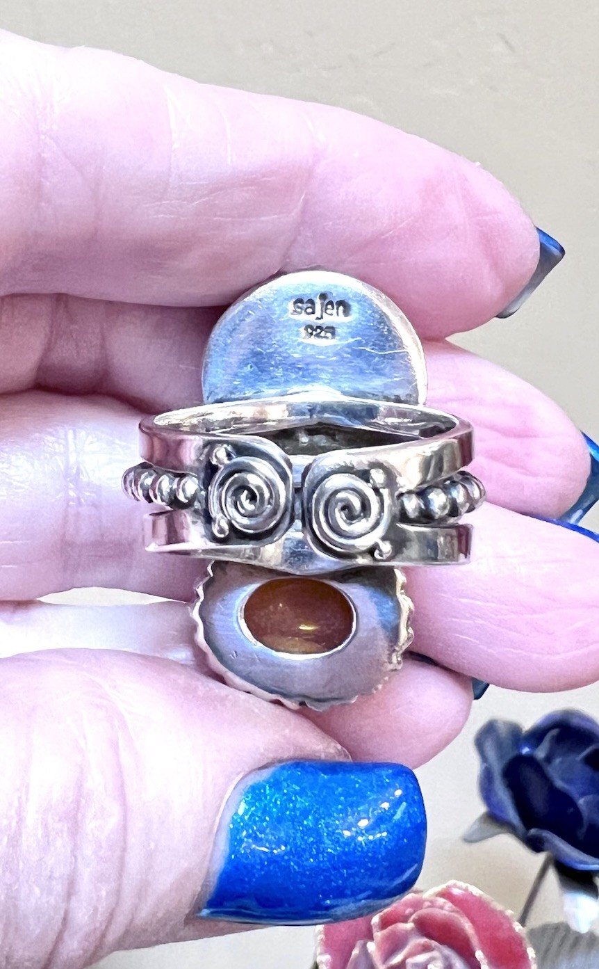 BEAUTIFUL ORNATE Sajen Sterling Silver Citrine, Garnet, Etc. Carved Goddess Ring