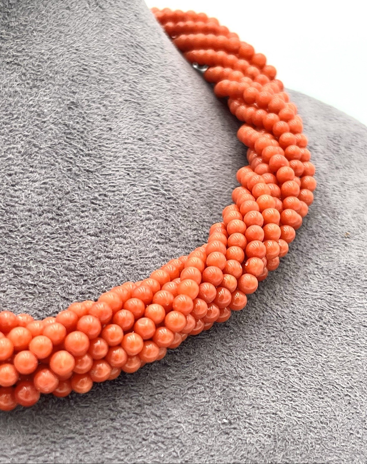 Mediterranean Red Coral Torchon Necklace 9 Strands 4mm 18kt Gold Natural Handmade