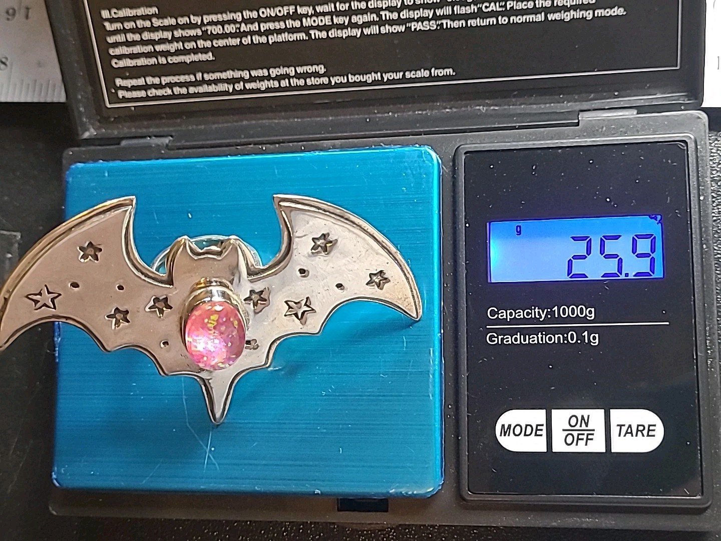 Super Cute! Sterling Silver PINK Lab Opal Bat Ring Size 7 Adjustable!