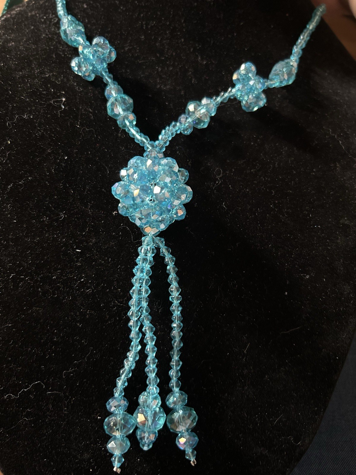 Blue Crystal Beaded Ball Chain Lariat Necklace w/ Round Tassel Pendant