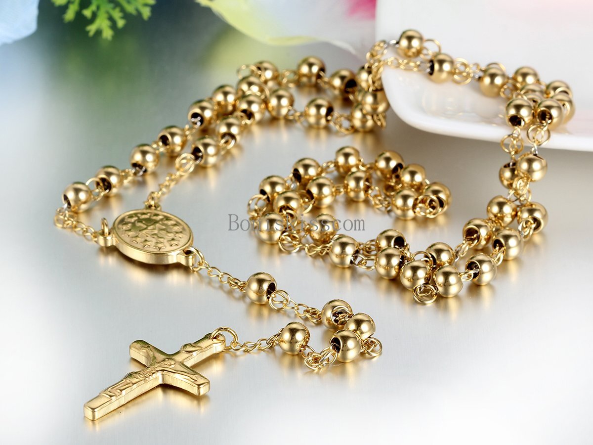 Stainless Steel Jesus Christ Crucifix Cross Rosary Bead Chain Pendant Necklace