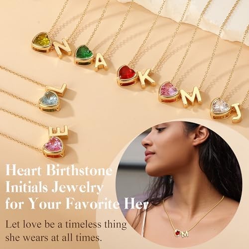 Heart Birthstone Initial Necklace – 14K Gold Plated A-Z Jewelry Gift for Women &